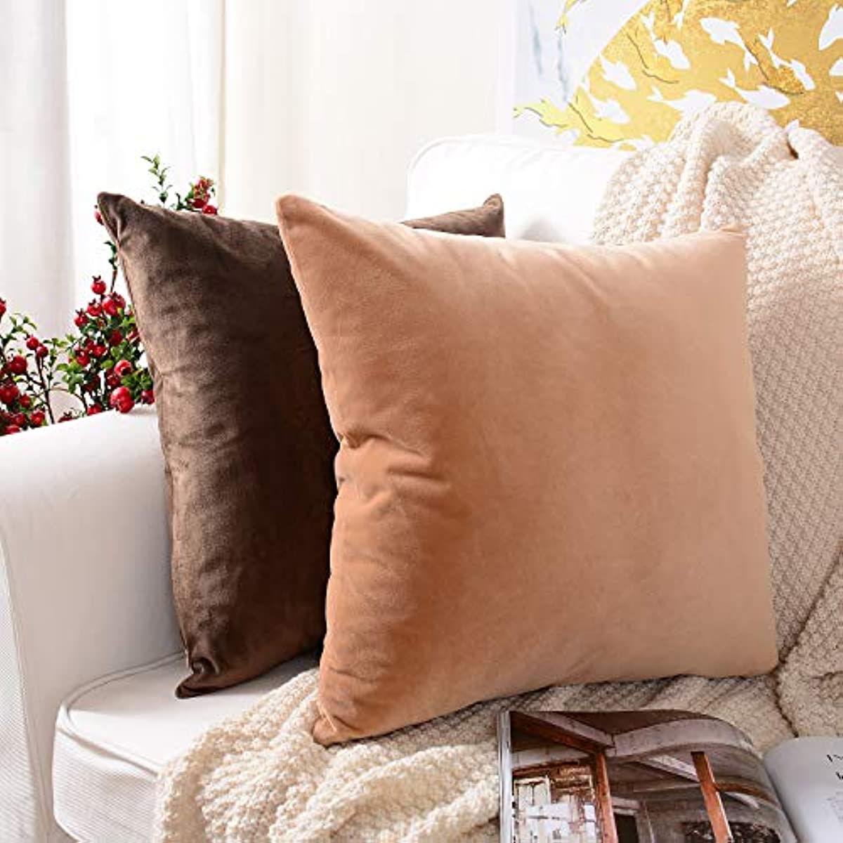Anhome 2-piece, velvet soft trim square throw pillowcase, cushion cover, pillow cover, home décor sofa sofa chair 20x20 inches / 50x50 cm (light brown)