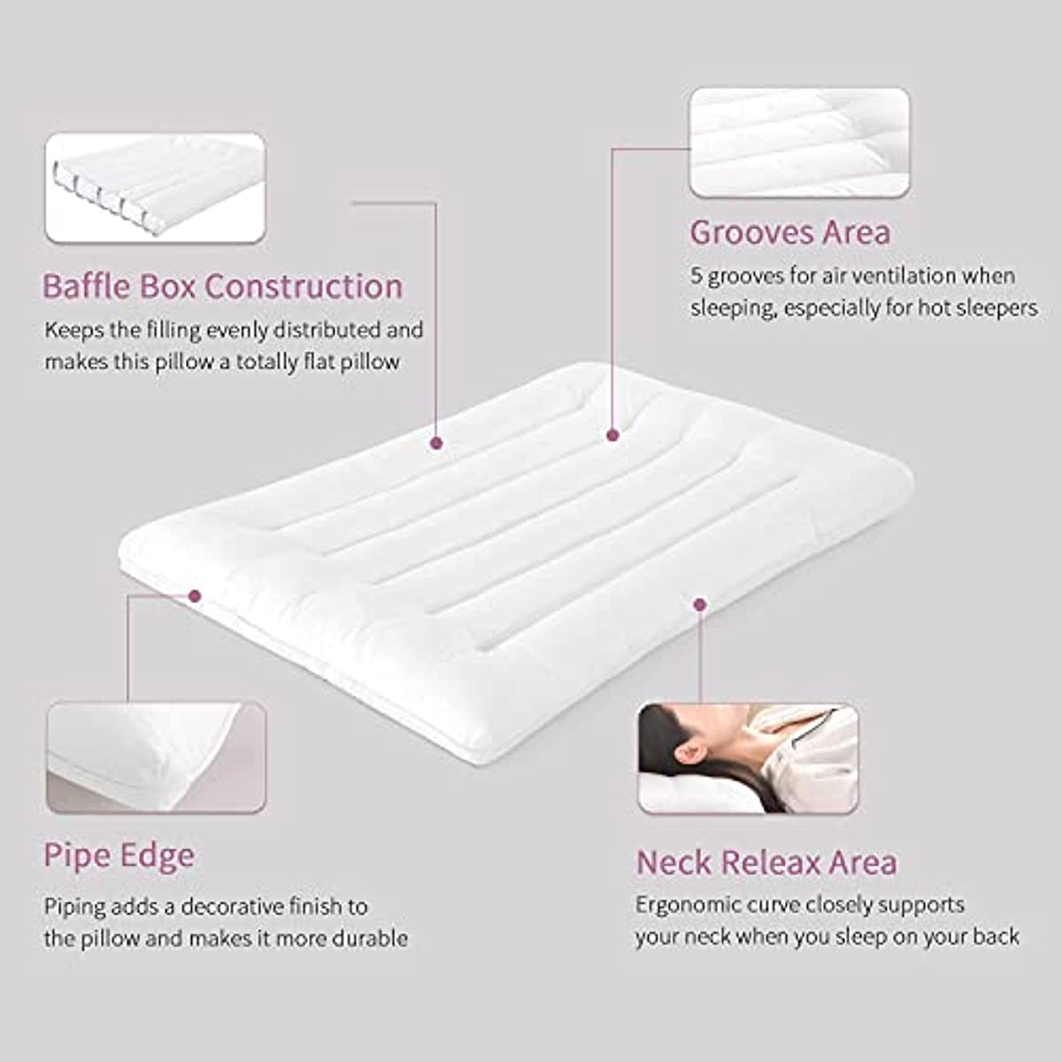 ANHOME Thin tummy sleep bed pillow, 2.75 inch (about 6.9 cm) thin thin flat pillow for tummy and back sleep, ultra low profile pillow, machine washable - 18x26