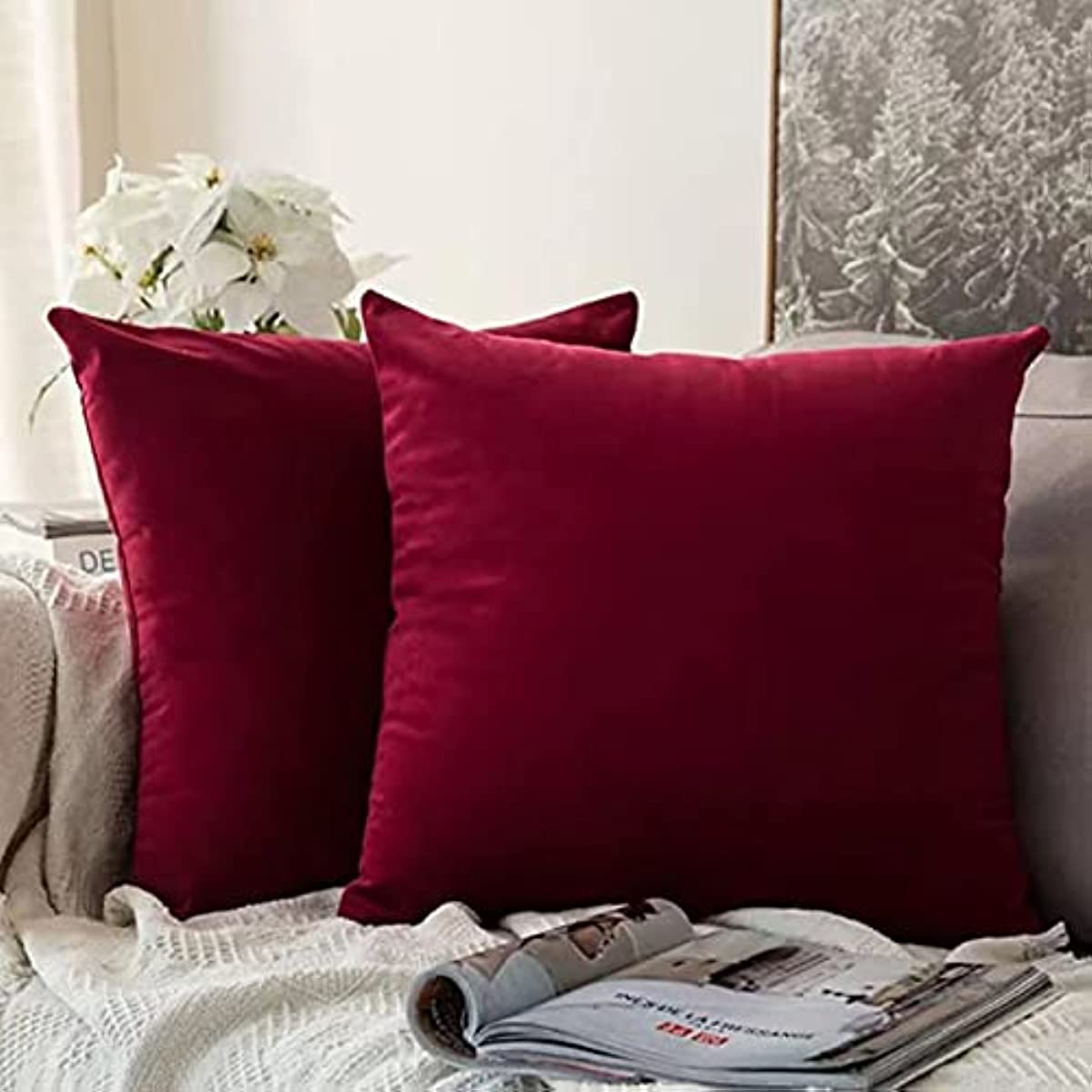 Anhome 2-Piece Set Velvet Pillow Covers, Smooth and Soft Square Pillow Covers，Designed for Decorating Sofas, Bedrooms and Cars with Pillow Covers（Multiple Size Options） RED
