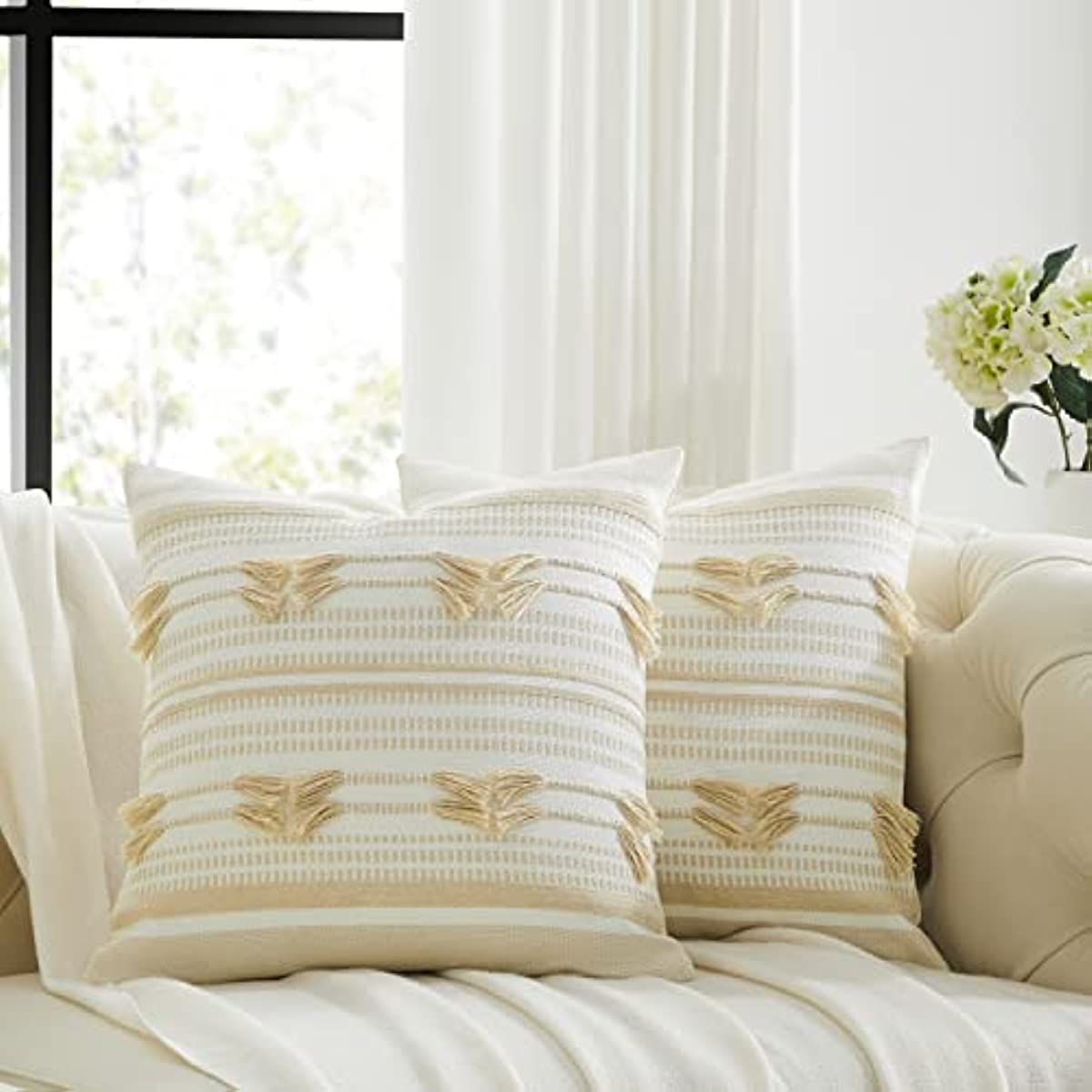 Anhome Set of 2 Throw Pillow Covers for Sofa 18x18 Beige Cotton Decorative Cushion Pillow Covers for Couch Square Pillow Case Living Room Bedroom