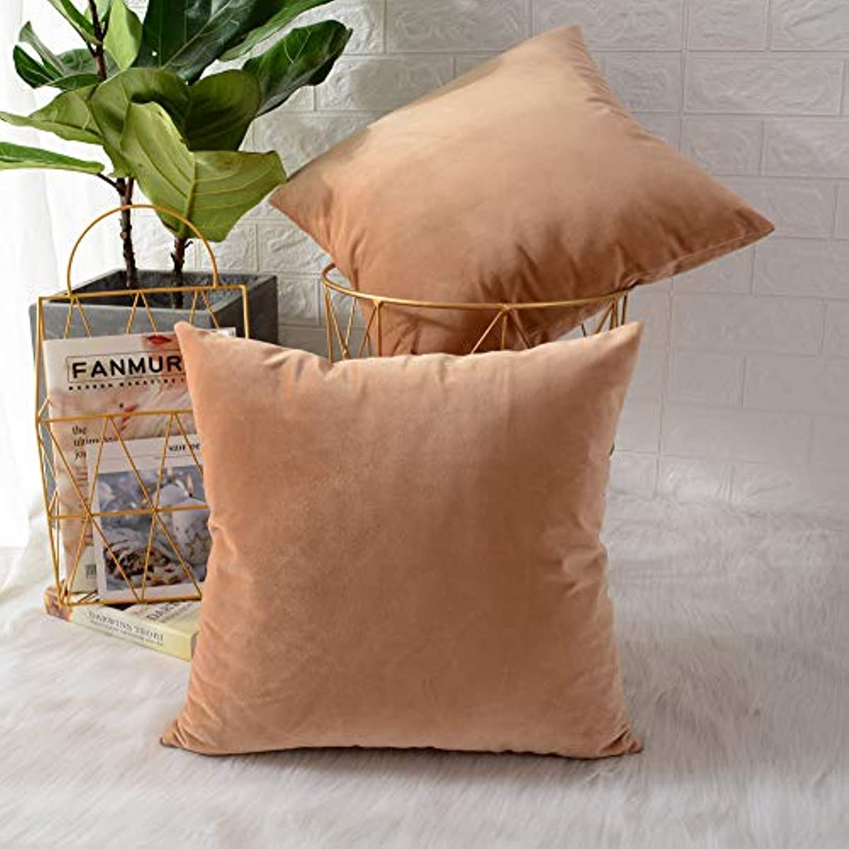 Anhome 2-piece, velvet soft trim square throw pillowcase, cushion cover, pillow cover, home décor sofa sofa chair 20x20 inches / 50x50 cm (light brown)