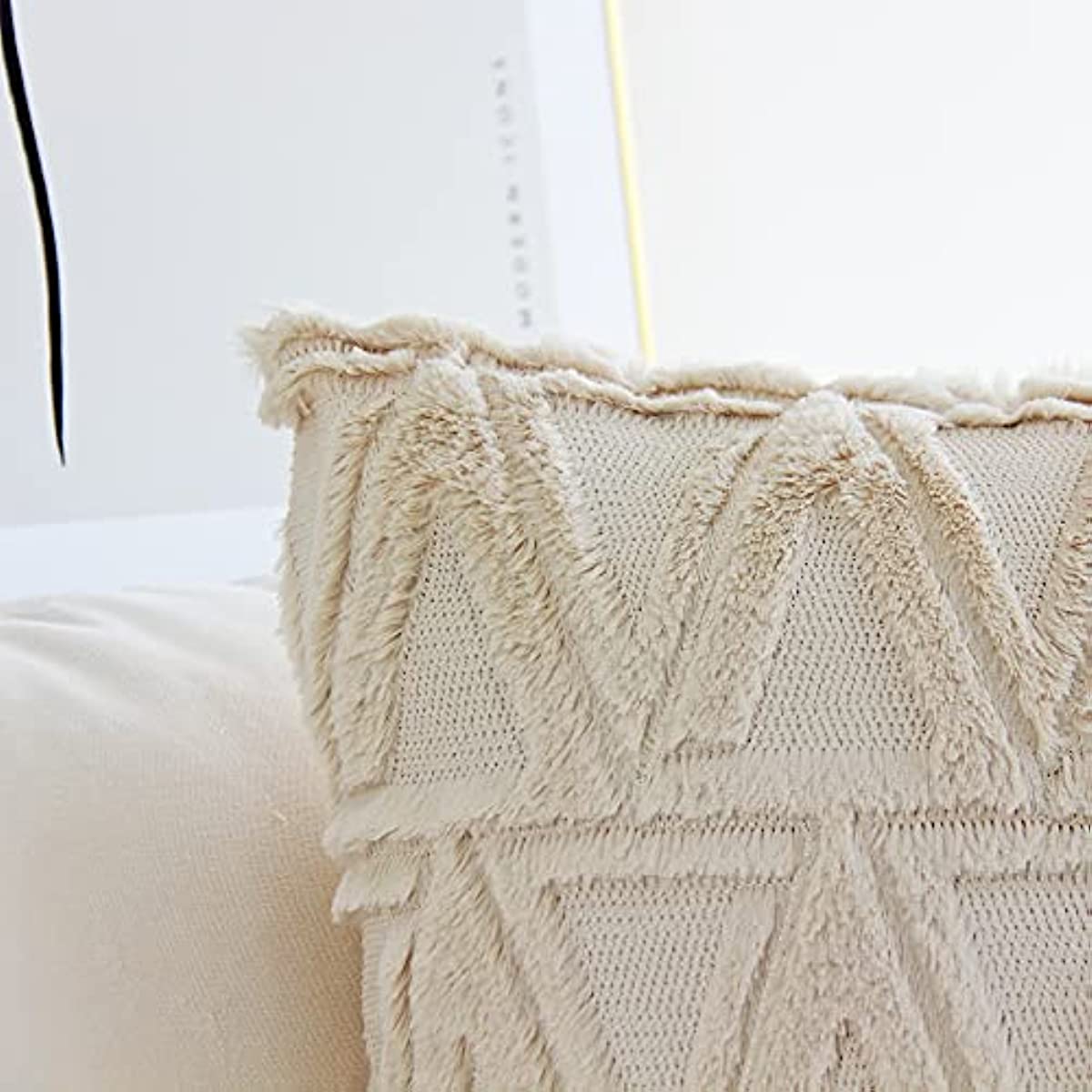 Anhome Plush Short Wool Velvet Decorative Throw Pillow Covers Luxury Style Cushion Case Faux Fur Fluffy Pillowcases for Sofa Bedroom Pack of 2 20 x 20 Inch Beige