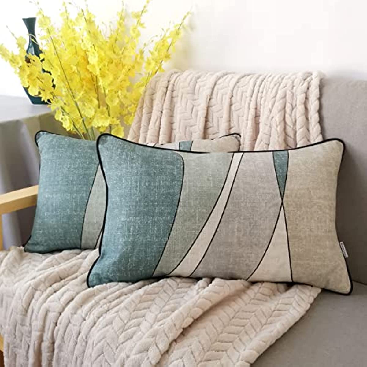 Anhome Cotton Linen Lumbar Throw Pillow Covers 12x20'' Set of 2 Decorative Pillow Covers for Sofa Couch Living Room