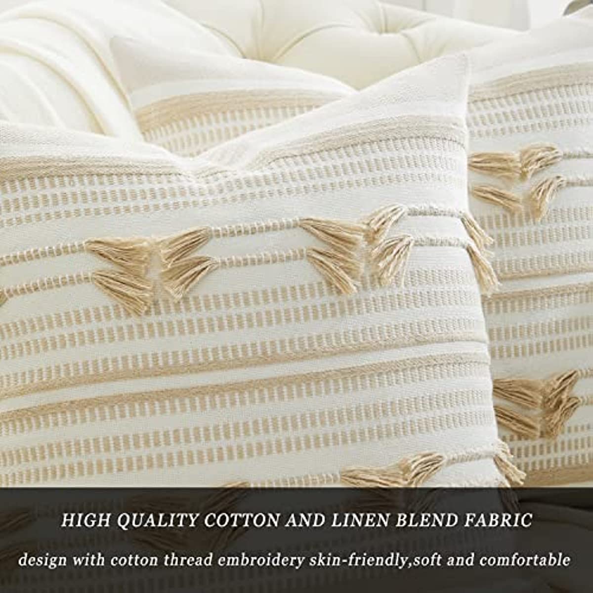 Anhome Set of 2 Throw Pillow Covers for Sofa 18x18 Beige Cotton Decorative Cushion Pillow Covers for Couch Square Pillow Case Living Room Bedroom