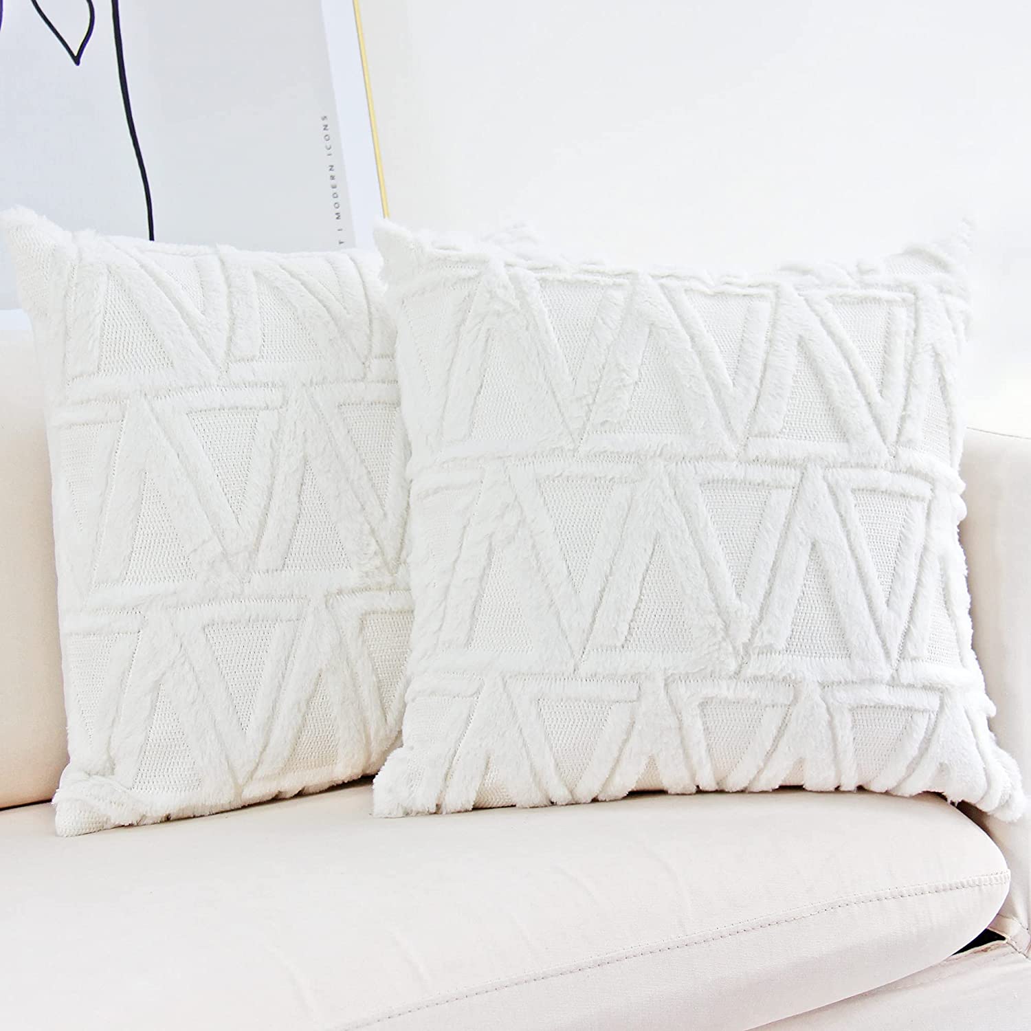Anhome Plush Short Wool Velvet Decorative Throw Pillow Covers Luxury Style Cushion Case Faux Fur Fluffy Pillowcases for Sofa Bedroom Pack of 2 20 x 20 Inch Beige