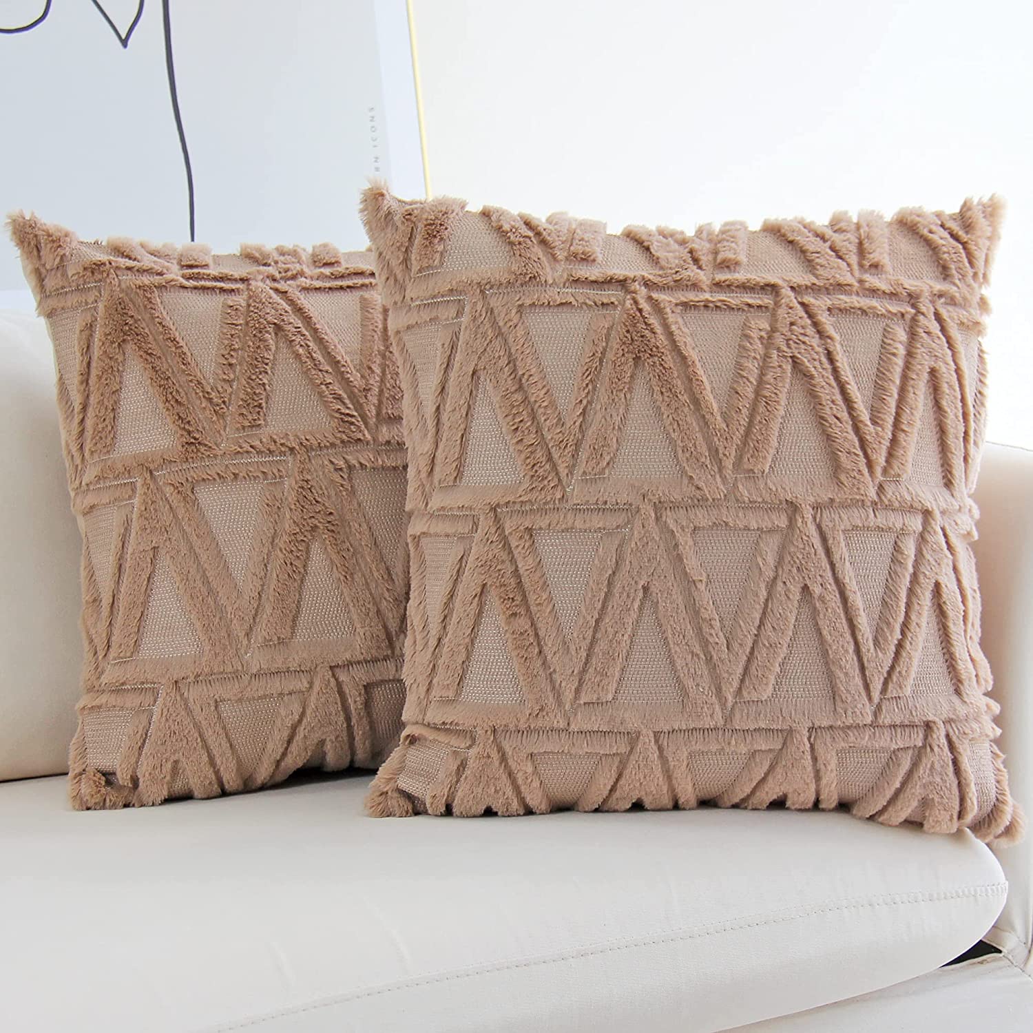 Anhome Plush Short Wool Velvet Decorative Throw Pillow Covers Luxury Style Cushion Case Faux Fur Fluffy Pillowcases for Sofa Bedroom Pack of 2 20 x 20 Inch Beige