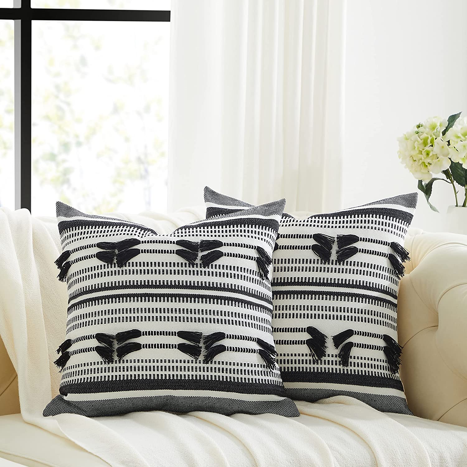 Anhome Set of 2 Throw Pillow Covers for Sofa 18x18 Beige Cotton Decorative Cushion Pillow Covers for Couch Square Pillow Case Living Room Bedroom