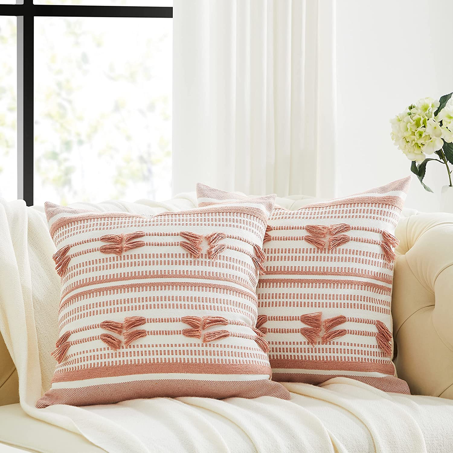 Anhome Set of 2 Throw Pillow Covers for Sofa 18x18 Beige Cotton Decorative Cushion Pillow Covers for Couch Square Pillow Case Living Room Bedroom