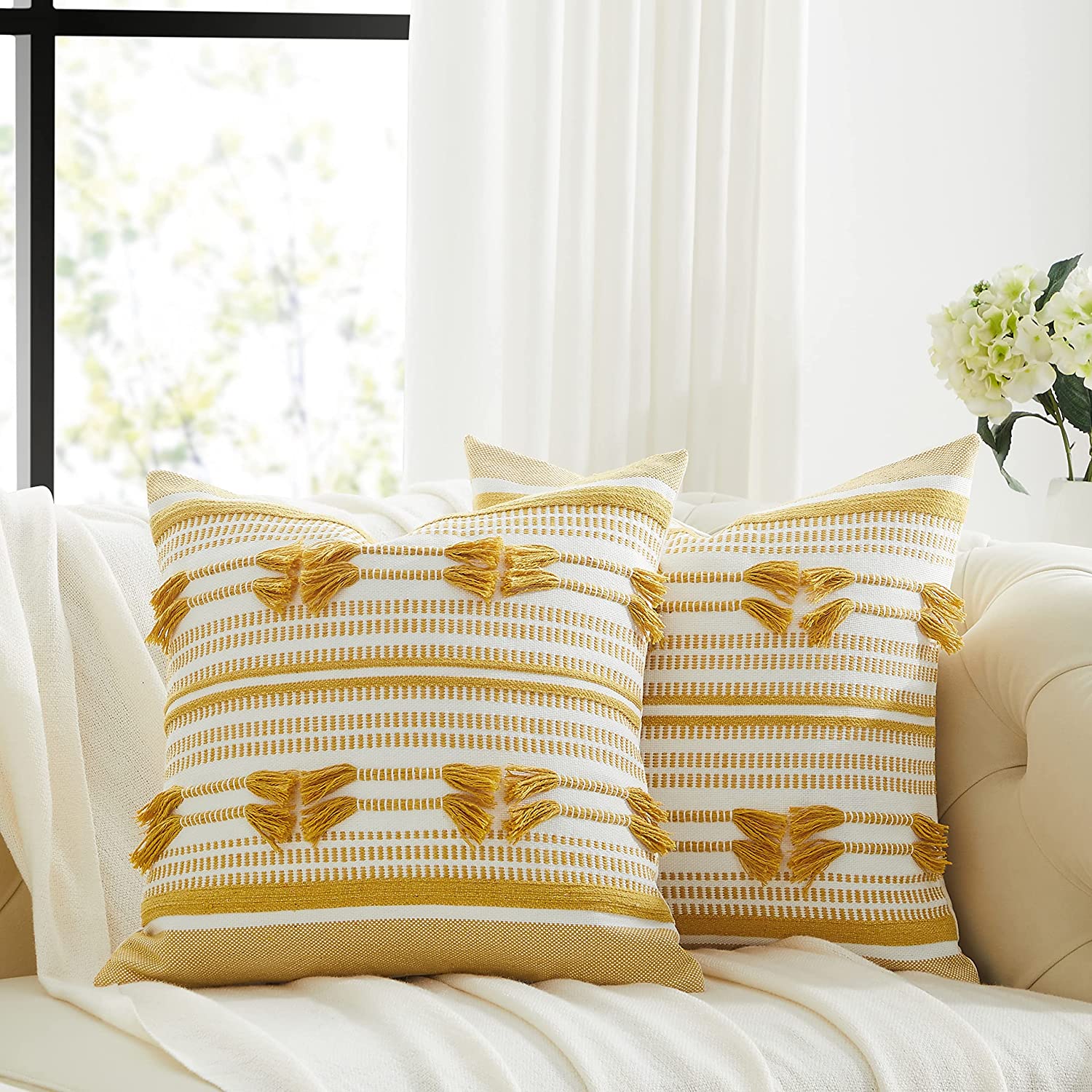 Anhome Set of 2 Throw Pillow Covers for Sofa 18x18 Beige Cotton Decorative Cushion Pillow Covers for Couch Square Pillow Case Living Room Bedroom