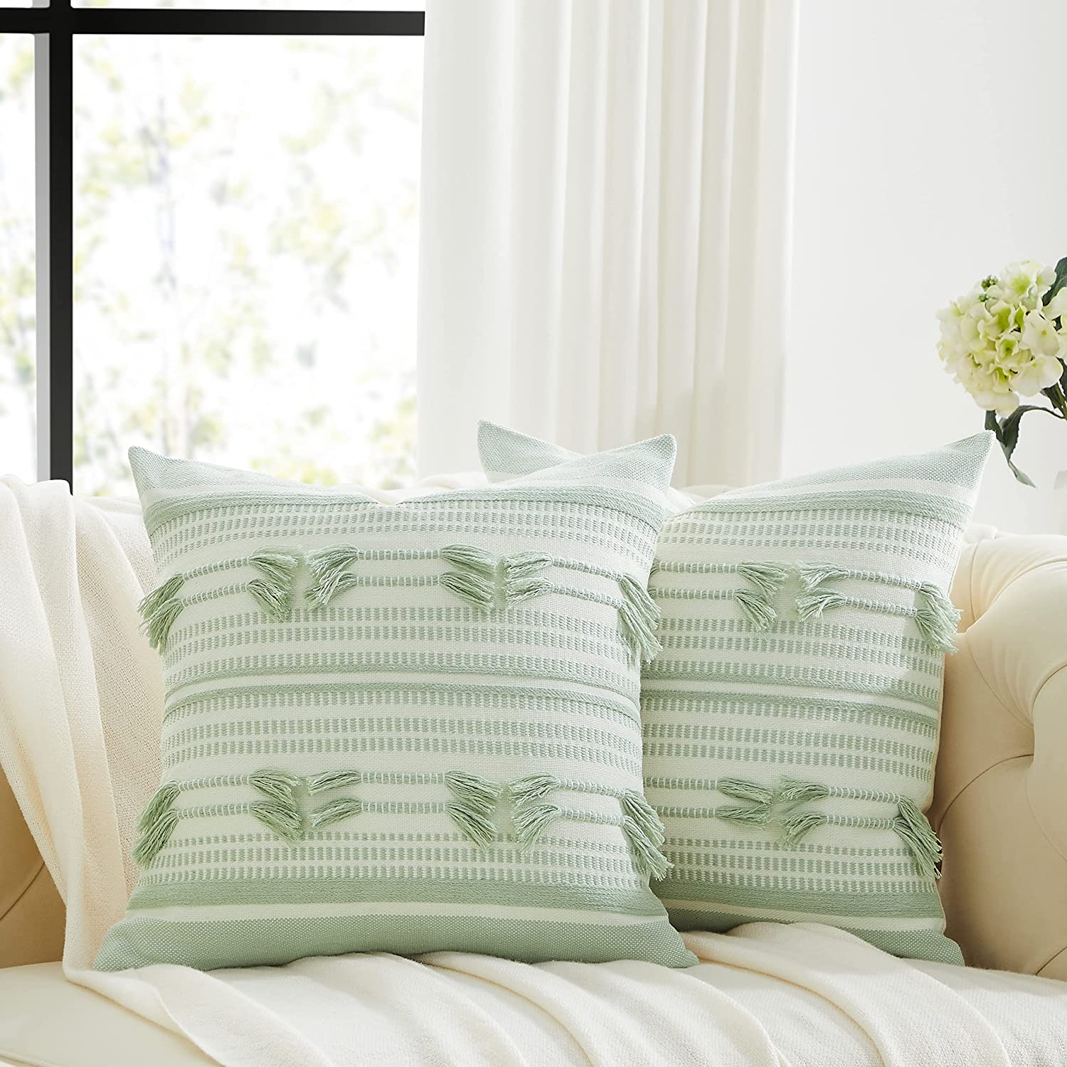 Anhome Set of 2 Throw Pillow Covers for Sofa 18x18 Beige Cotton Decorative Cushion Pillow Covers for Couch Square Pillow Case Living Room Bedroom